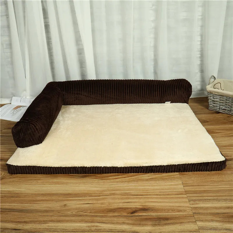 Corduroy bolster dog bed with non-slip base in grey, showing S M L XL size comparison.