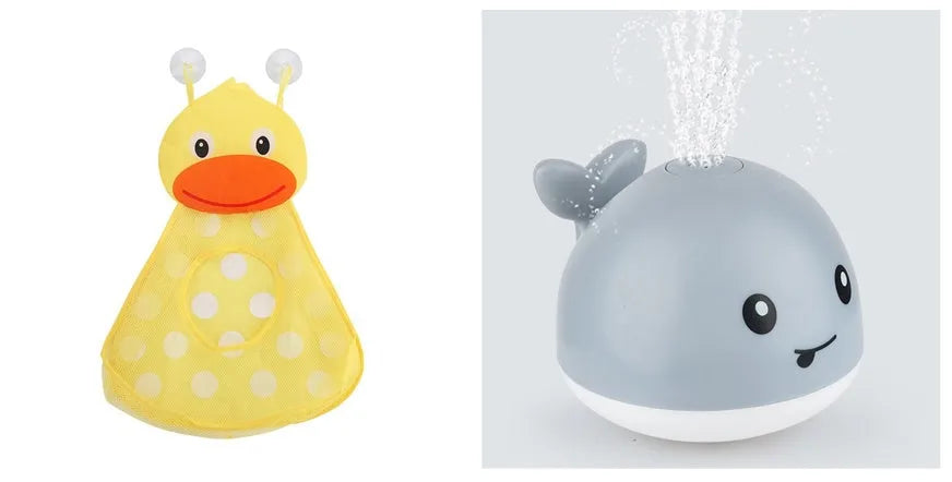 Automatic water spray whale bath toy floating in water with fountain and LED lights