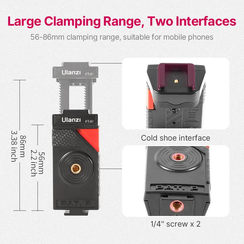 Black FT-01 aluminium alloy mobile phone tripod set with clip, extended to 360mm.