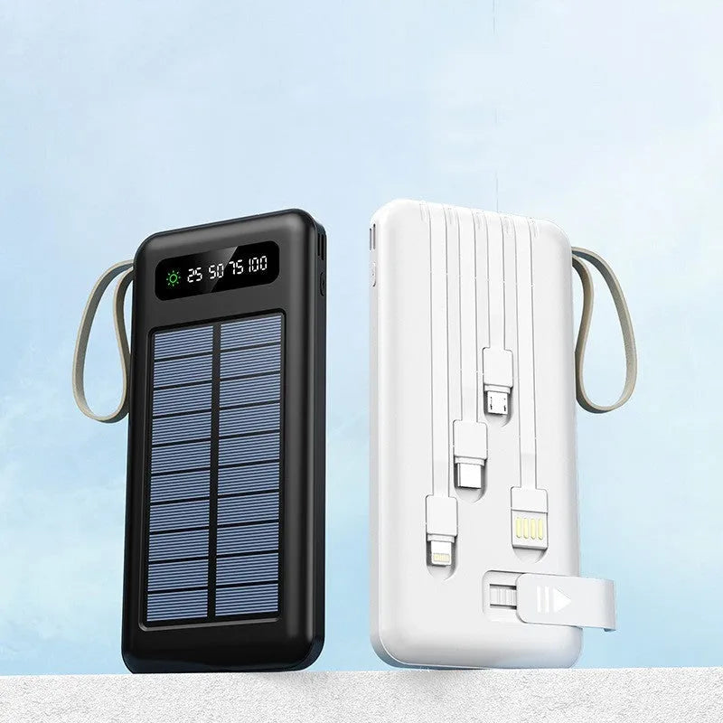 Black and white solar power bank showing front panel with solar cells and dimensions 144x68x16mm.