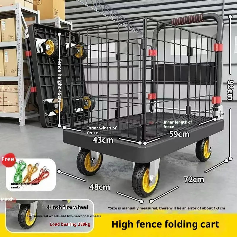 Black folding platform truck with fence, 72x48 cm, 500 kg capacity, mute bearing, engineering plastic construction