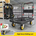 Black folding platform truck with fence, 72x48 cm, 500 kg capacity, mute bearing, engineering plastic construction