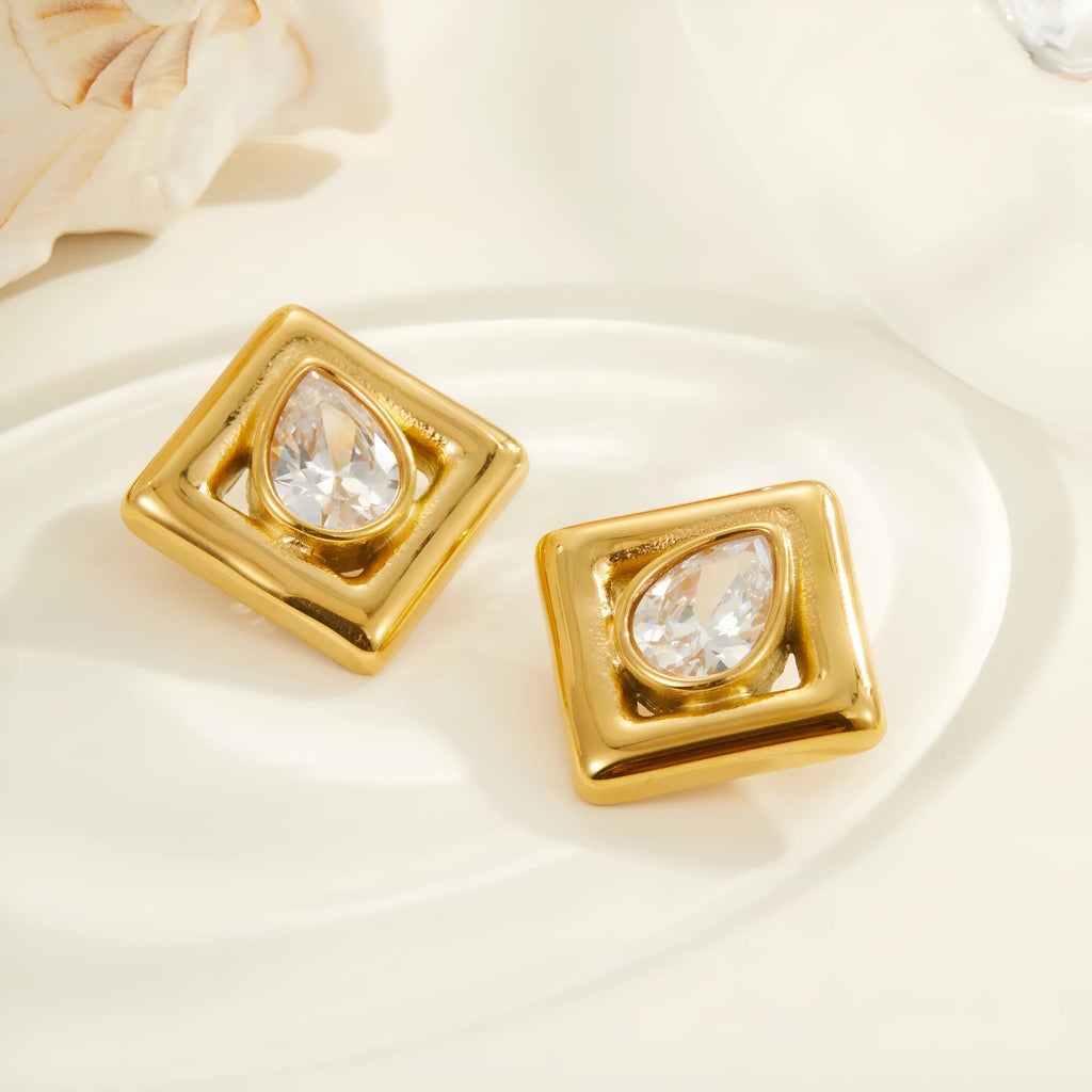 Gold geometric water drop stud earrings with inlaid zircon stones on stainless steel