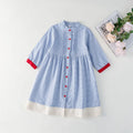 Blue plaid overknee long dress for girls cotton fabric retro style suitable for heights 90cm to 130cm