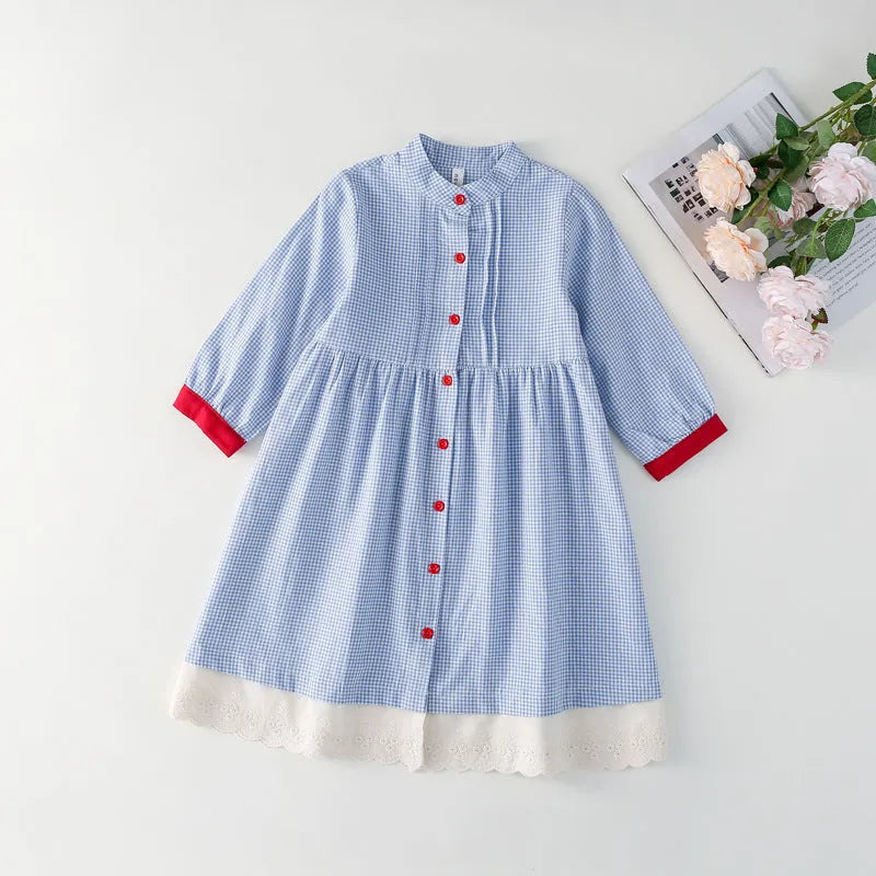 Blue plaid overknee long dress for girls cotton fabric retro style suitable for heights 90cm to 130cm