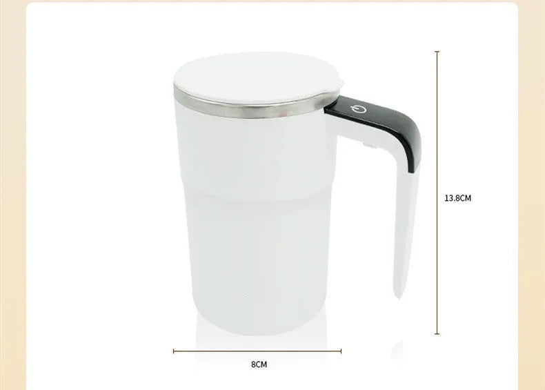 Rechargeable 380ml automatic stirring coffee mug with magnetic stirrer, temperature display, and stainless steel interior in black
