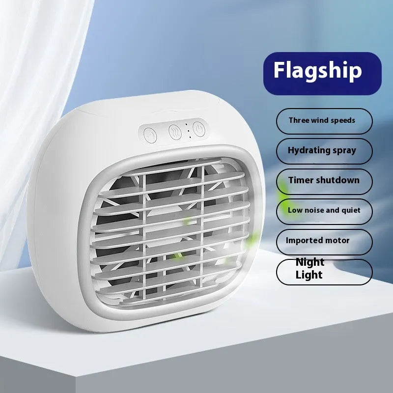 Mini USB spray air conditioner fan with 3-speed brushed motor in rose gold on a desk
