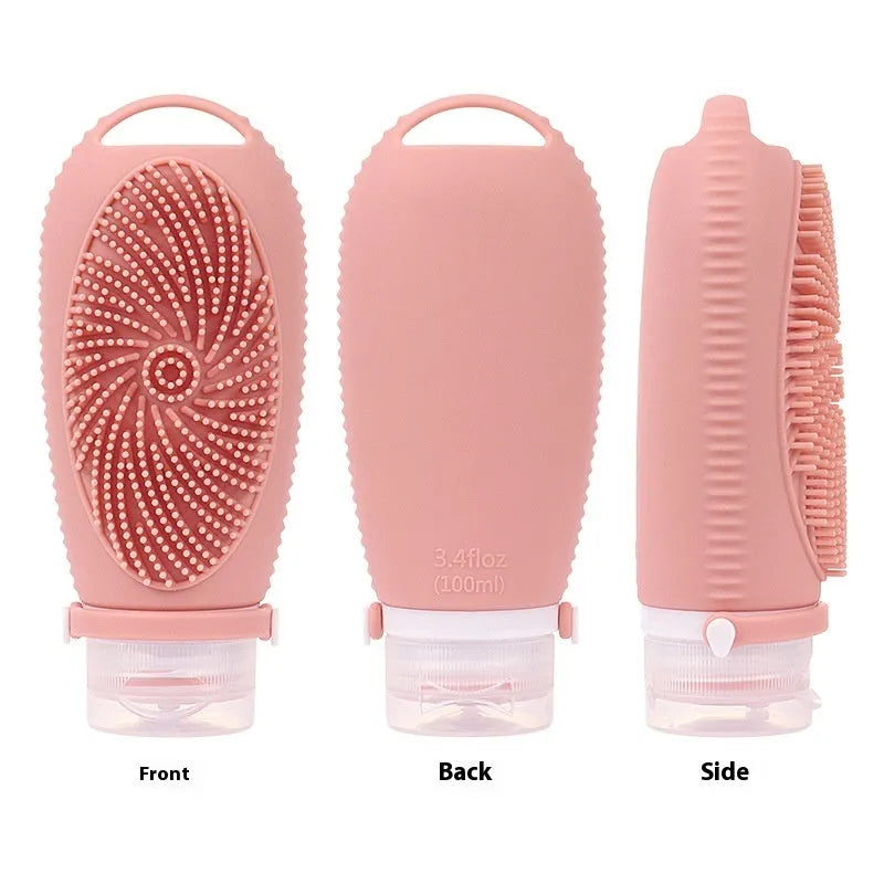 Silicone bath brush storage bottle in a selection of colours including pink, orange, and light grey.