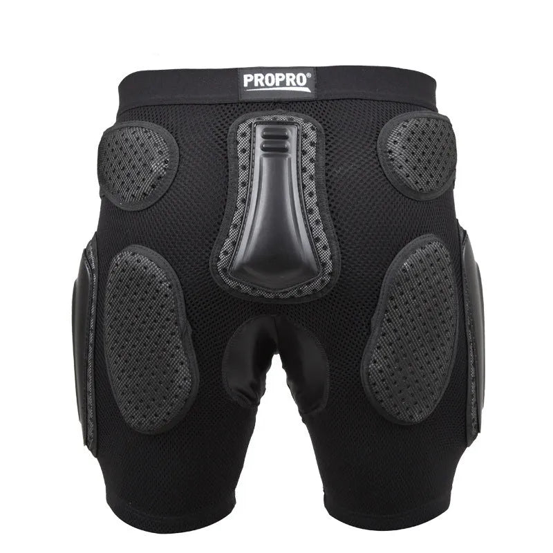 Black cycling hip protection pants showing integrated padding, available in sizes S, M, L, XL.