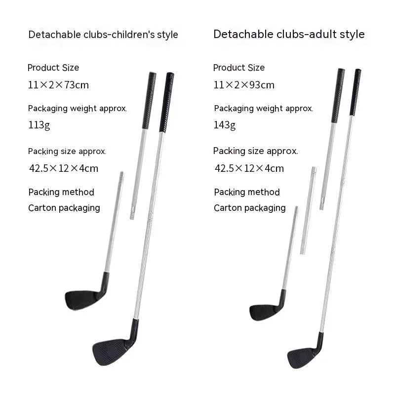 Metal golf club set showing adult and child colour variants for outdoor sports practice