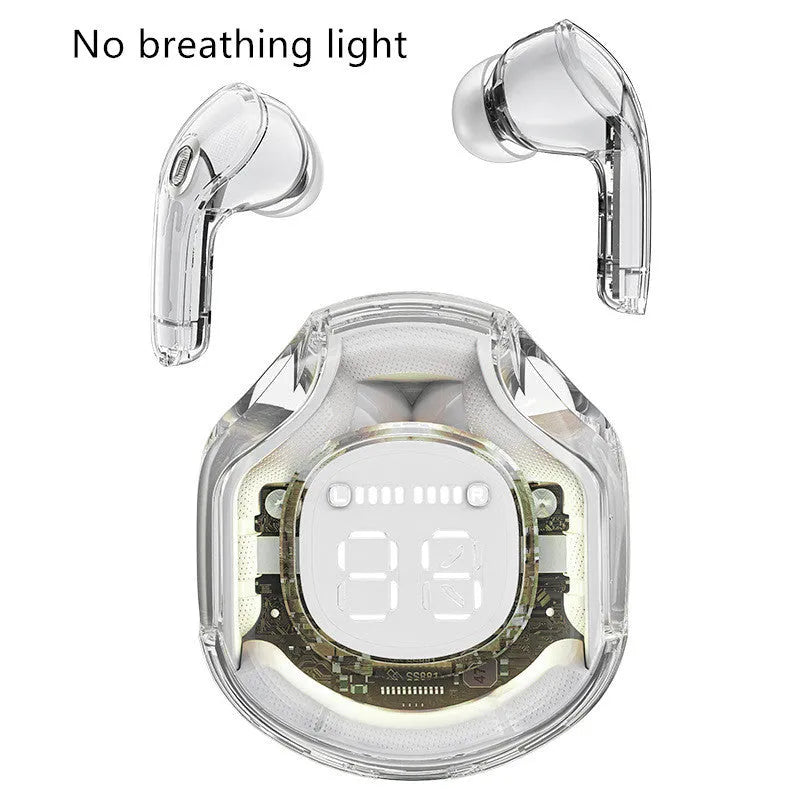 Transparent wireless Bluetooth headset with in-ear design in white, black, pink, sky blue or violet colours