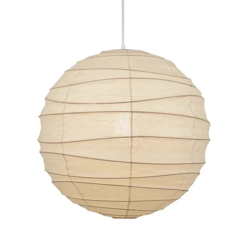 Japanese style rice paper ceiling chandelier lamp with a natural shade in a living room setting.