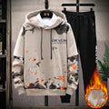 Men's printed kangaroo pocket hooded sweater suit in blue, cotton fabric, front view