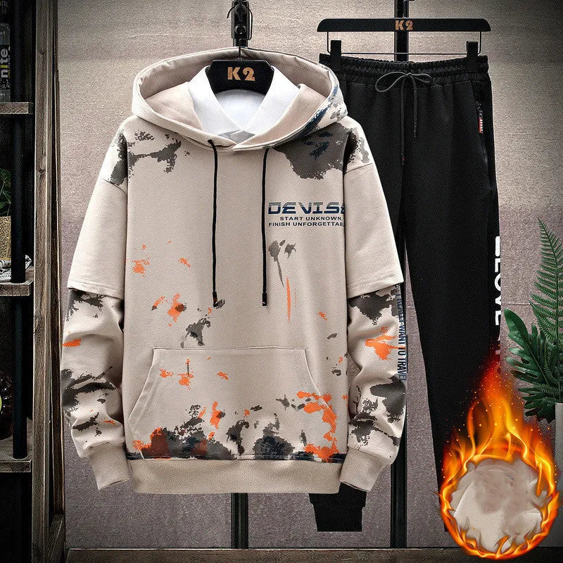 Men's printed kangaroo pocket hooded sweater suit in blue, cotton fabric, front view