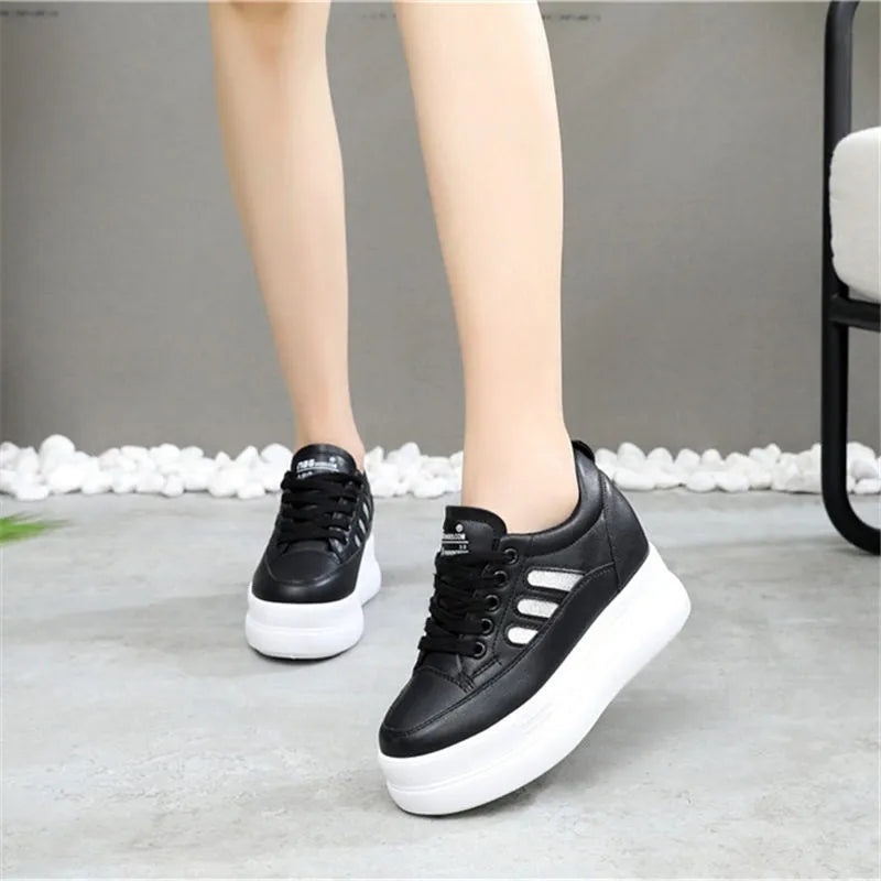 Women's wedge platform height increasing shoes with PU upper, round toe, 6-8cm heel, available in white, black and pink