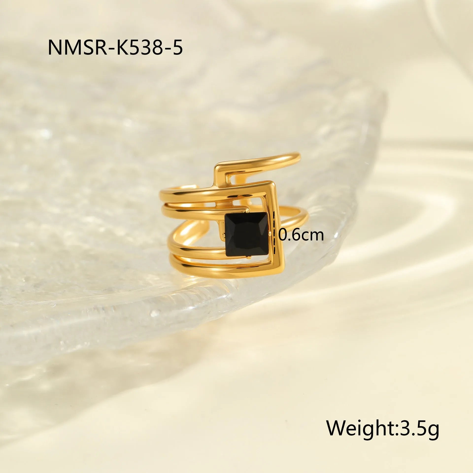 Open mouth adjustable titanium steel ring with geometric design and inlaid zircon details
