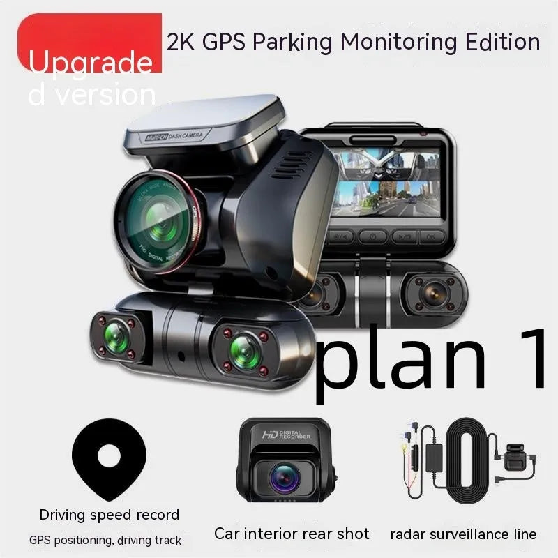 Black panoramic driving recorder dash cam with multiple lenses on a compact 2-inch screen unit.