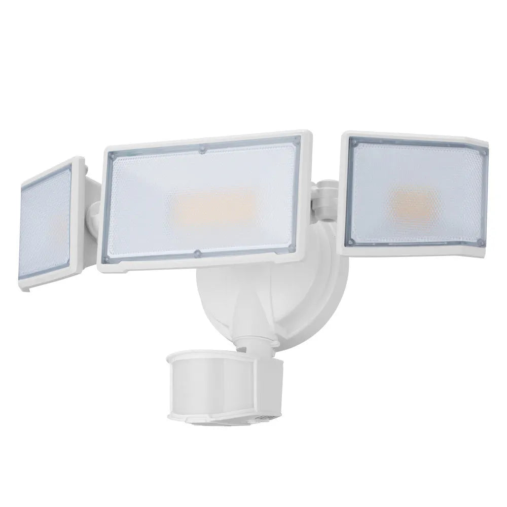 White and black LED security flood light with motion sensor for outdoor wall mounting