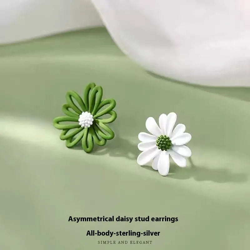 Women's alloy flower stud earrings in blue orange, white green, and yellow white two-tone colour combinations