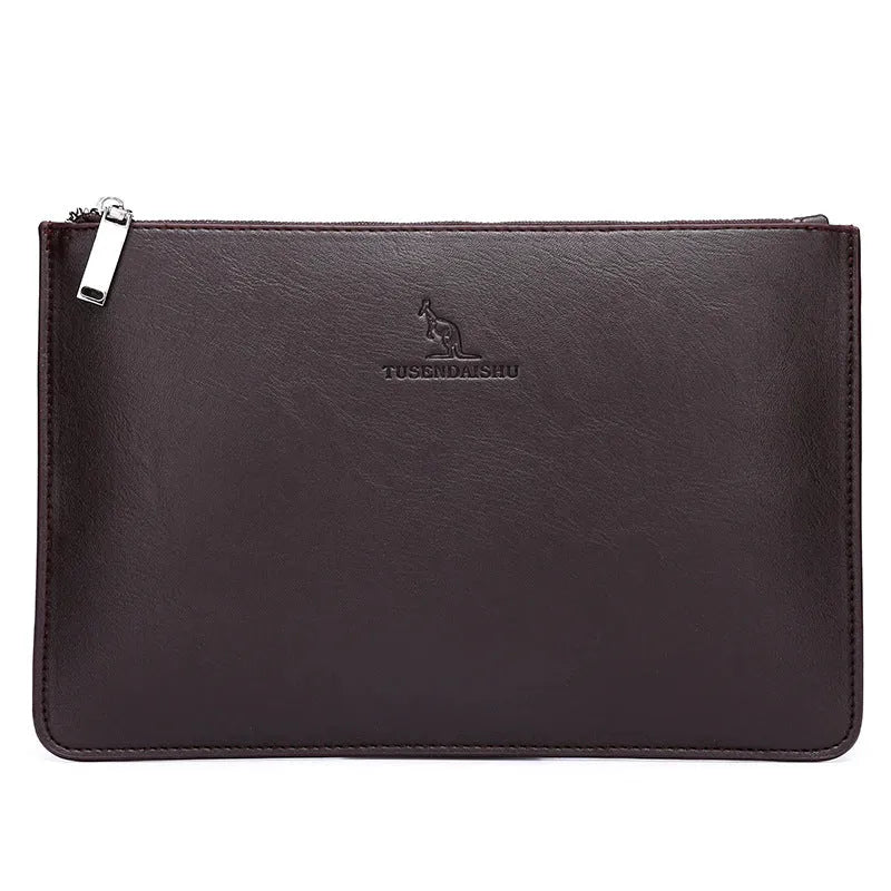 Men's black checkered pattern PU leather clutch showing card slots and handheld design.