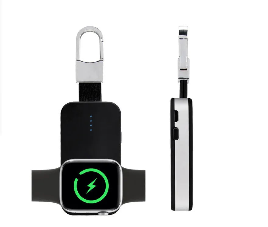 Black keychain-sized portable power bank for wireless Apple Watch charging