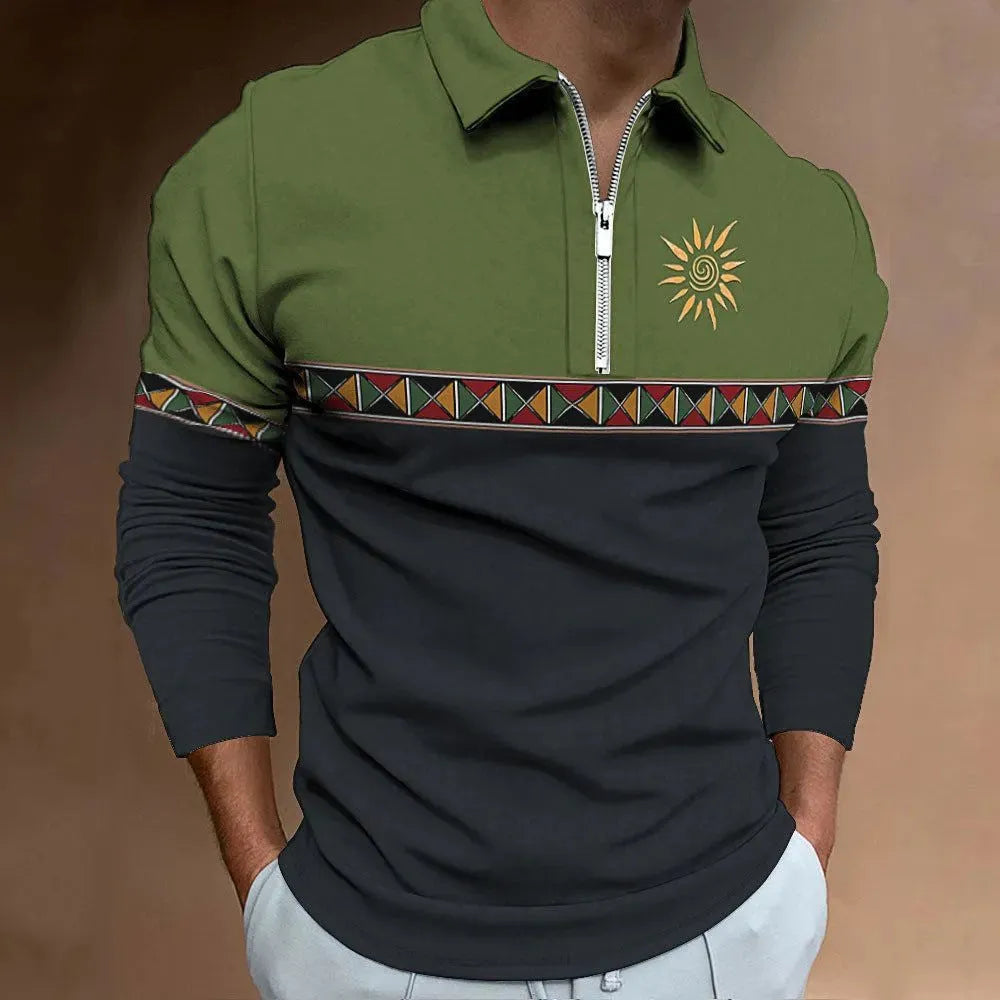 Men's loose fit retro printed golf t-shirt with stripe pattern and zipper decorations on long sleeves