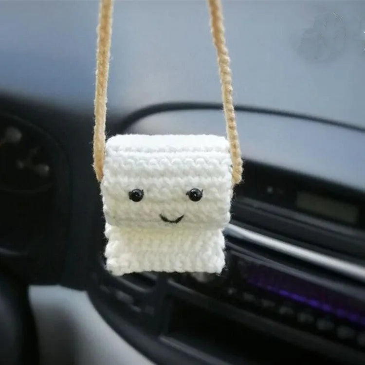 Hand-woven polyester car hanging ornament in cartoon design hanging from rear-view mirror