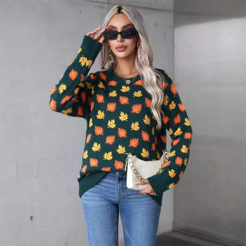 Beige maple leaf round neck contrast colour loose fit polyester pullover sweater on model