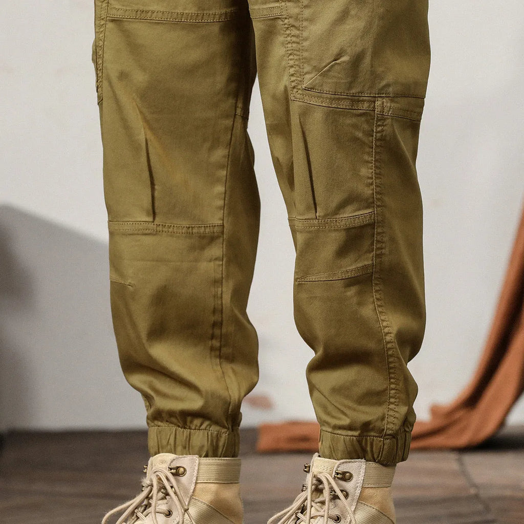 Men's cotton harem pants with tapered ankle bands in khaki, peacock green, coffee, or black colours