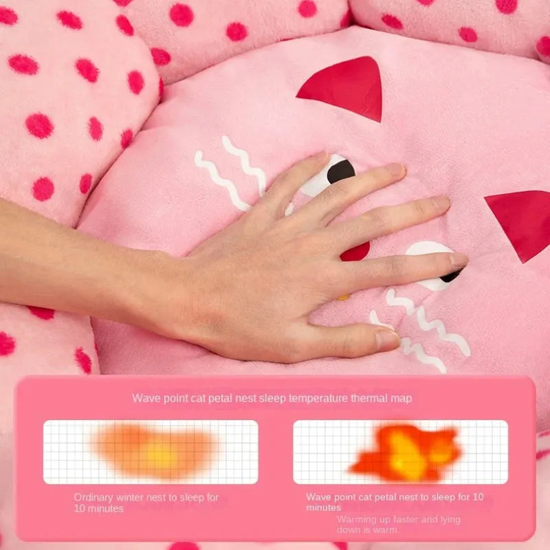 Round pink cat bed with dot pattern and cushion for indoor sleeping