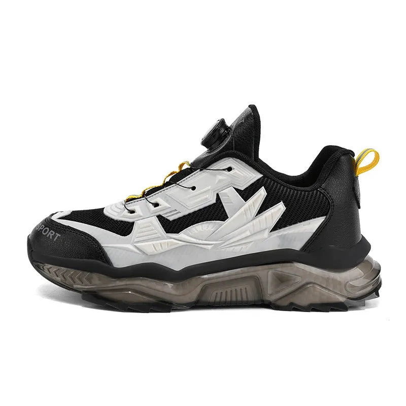 Men's black mesh sneakers with a rotating button on the side and a thick platform sole.