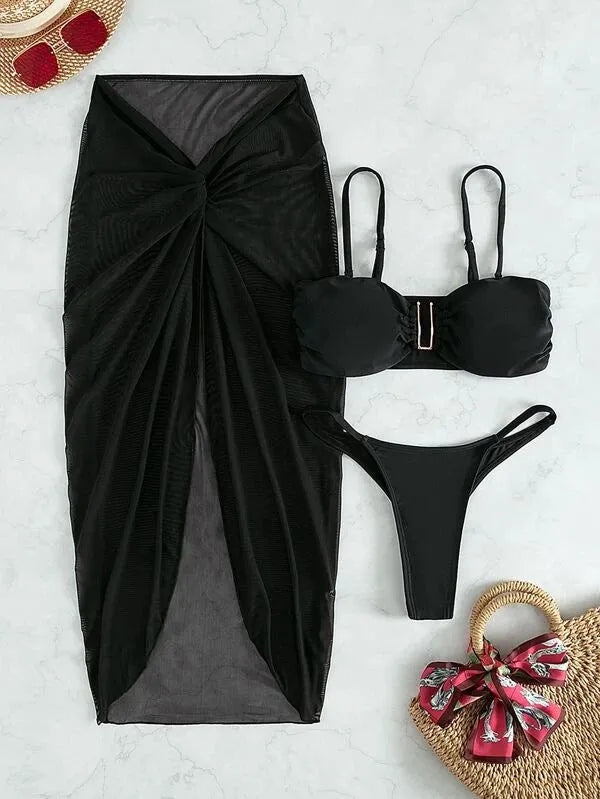 Women's multicolour bikini three-piece set with culotte skirt in French style