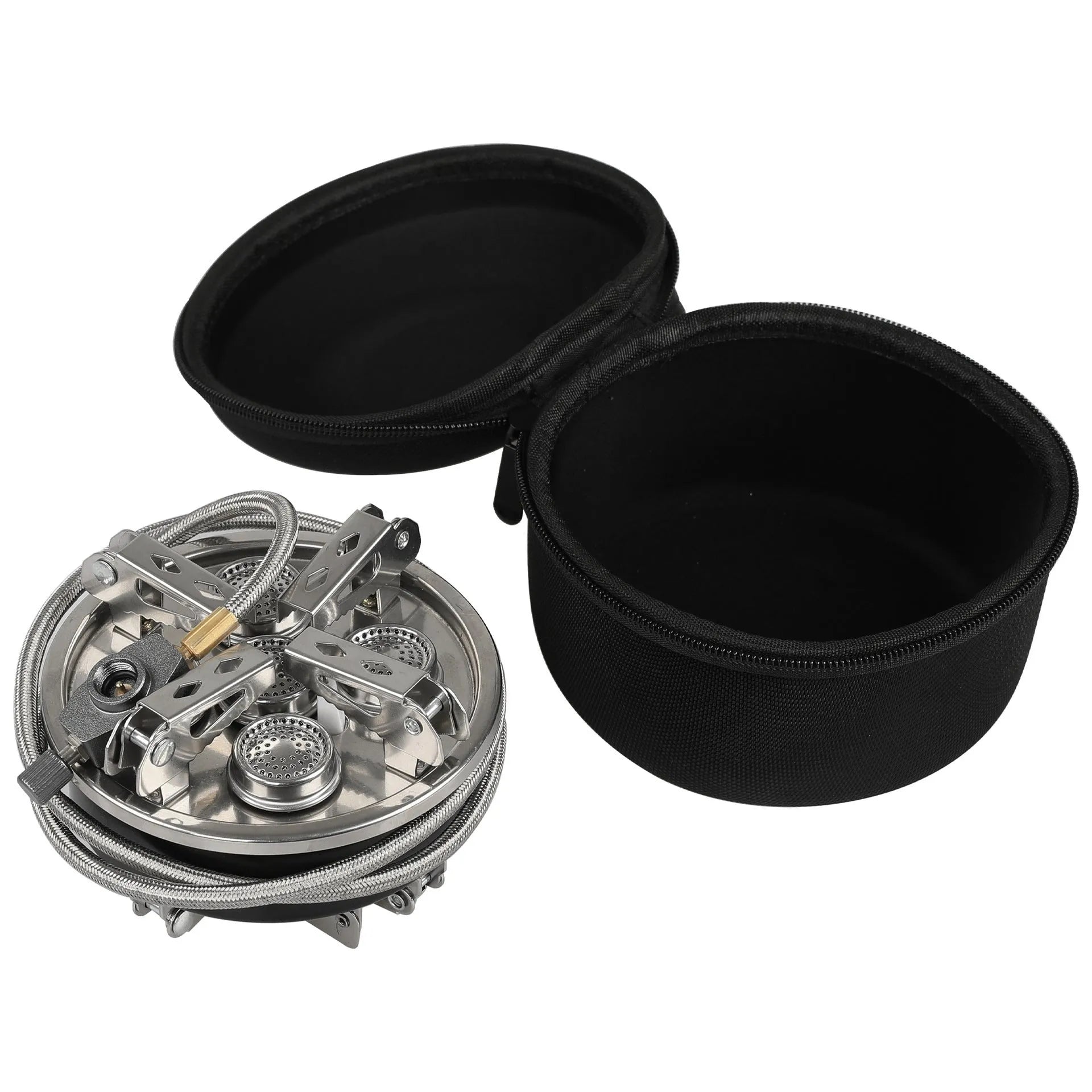 Silver portable foldable camping split stove made of stainless steel, shown with a 100cm hose.
