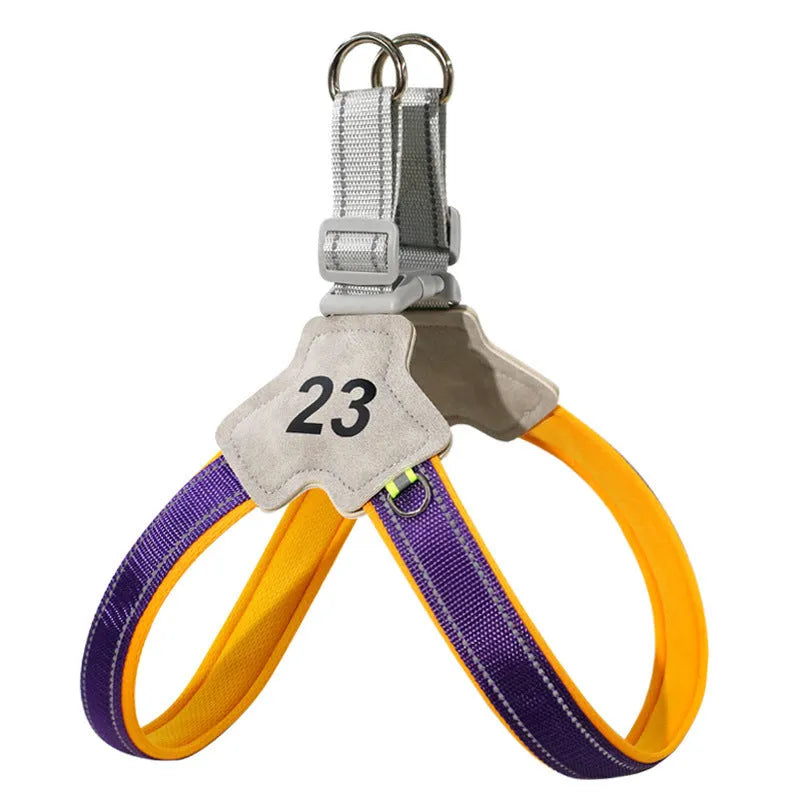 Adjustable soft buckle reflective chest harness for small medium dogs in blue with traction rope