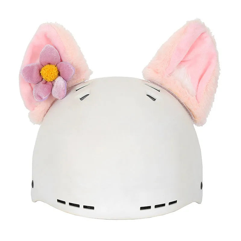 Cute plush cartoon animal character hat designed to decorate a standard ski helmet.