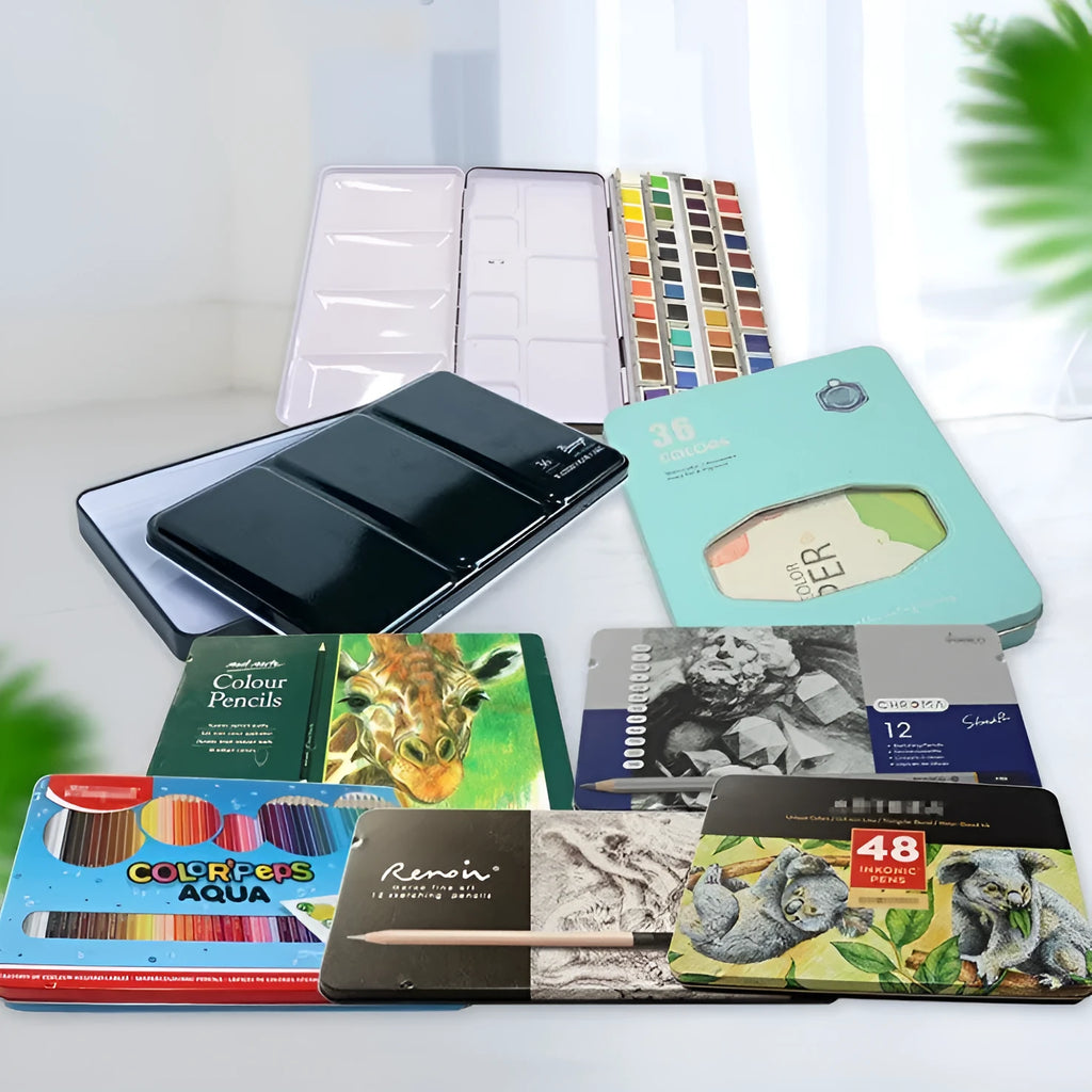 Empty square tinplate paint box for solid watercolours with folded compartments.