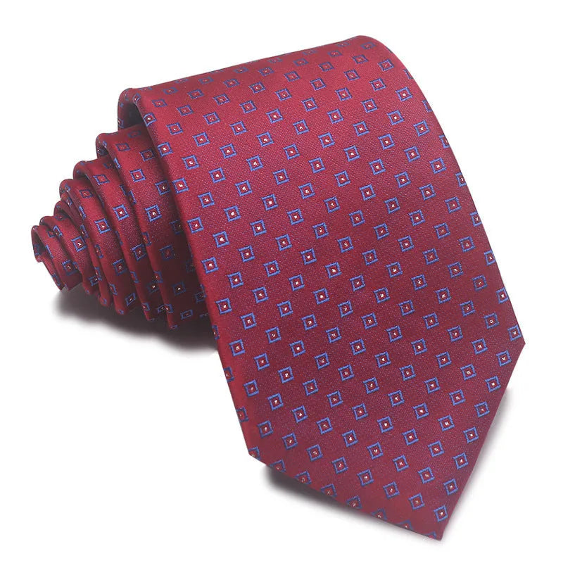 Man's red, black, and blue striped jacquard business tie with an 8cm width.