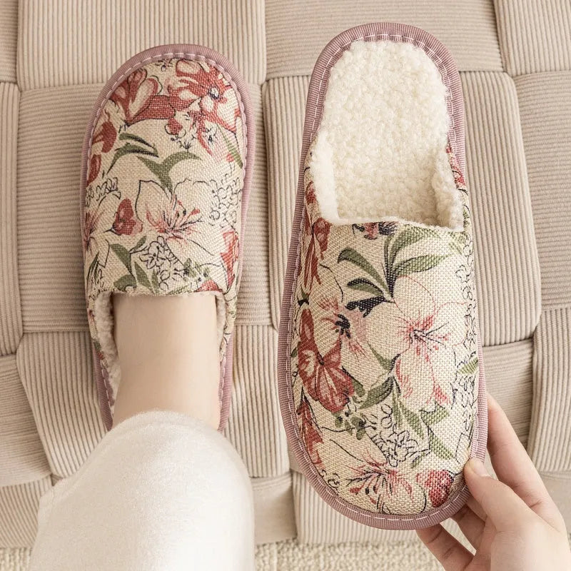 Linen and cotton household slippers with PVC sole in a floral colour option showing size and material detail.