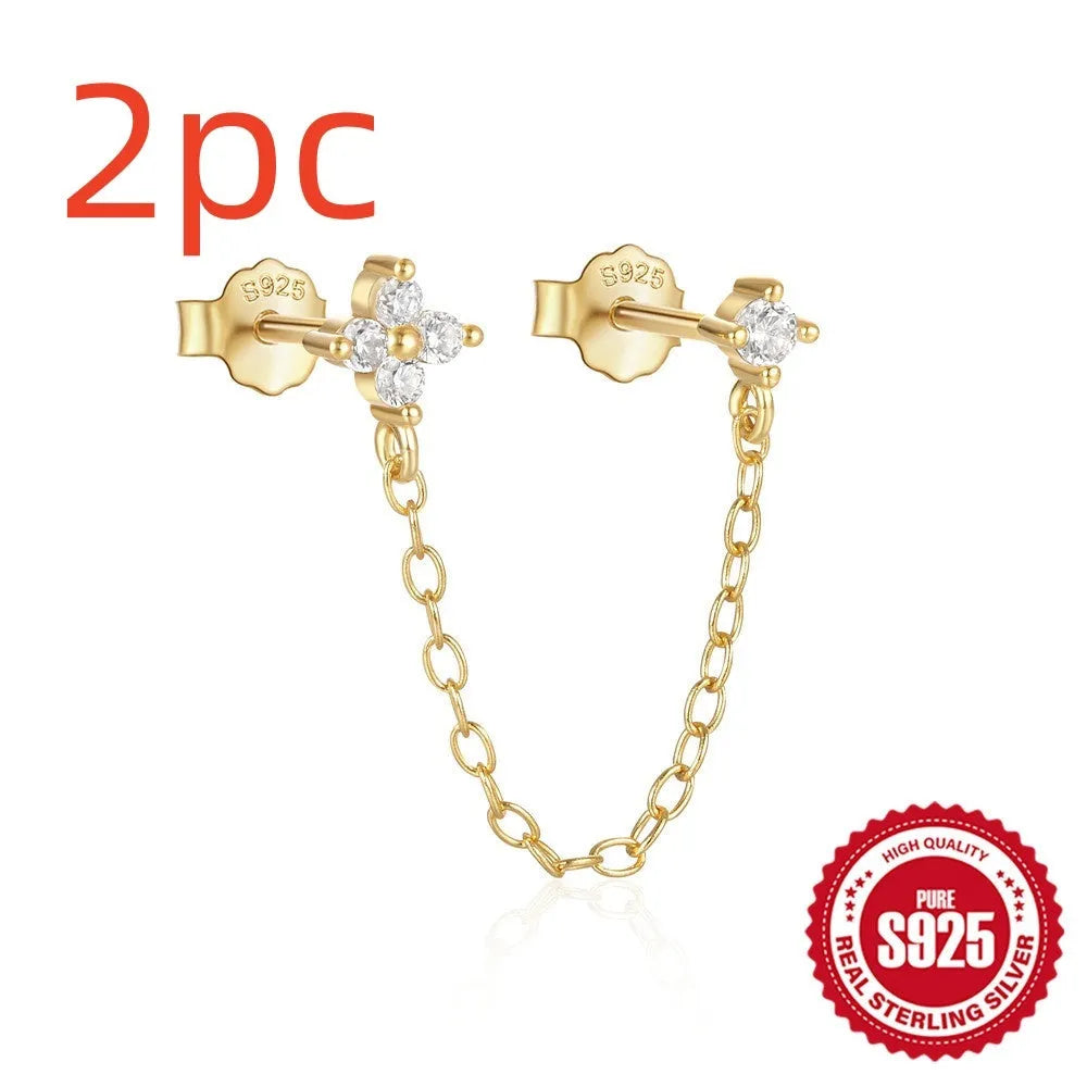 S925 sterling silver geometric ear clip studs with a diamond flower and tassel chain design in a gold electroplated finish.