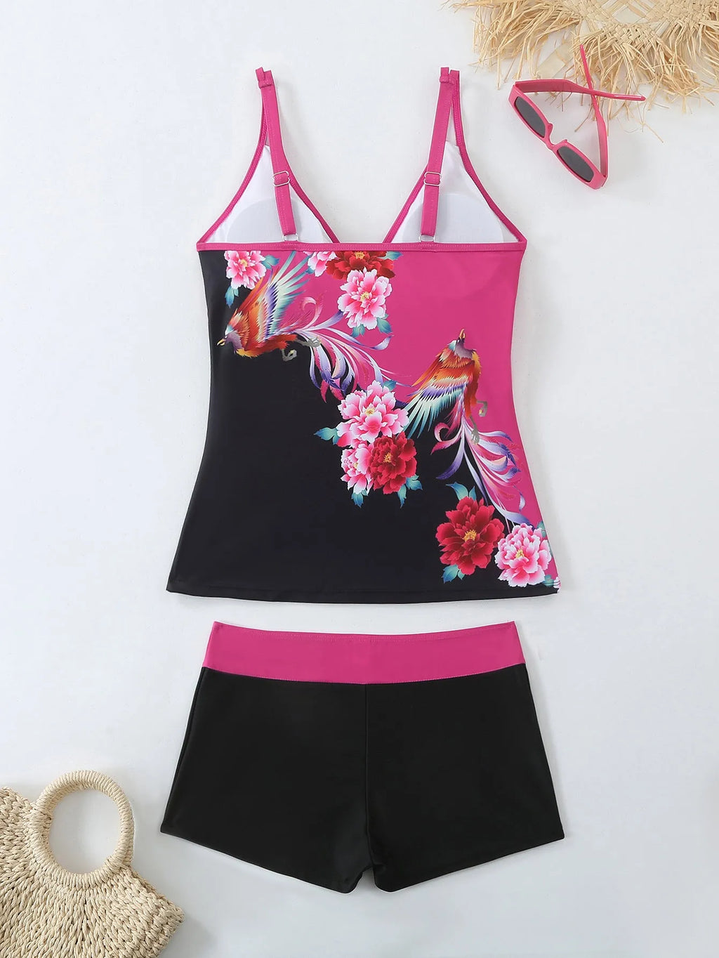 Plus size black and rose red split swimsuit set with matching trunks.