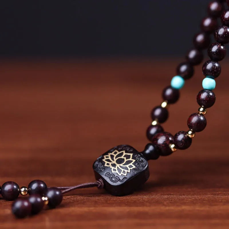 Zambia rosewood DIY Buddha beads bracelet kit with 108 wooden beads and flat lotus pendant