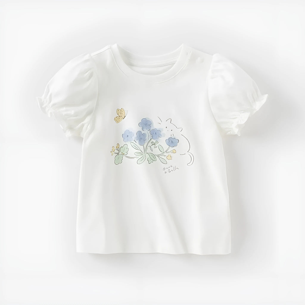 Girls antibacterial anti-mite pure cotton thin white top short sleeves round neck