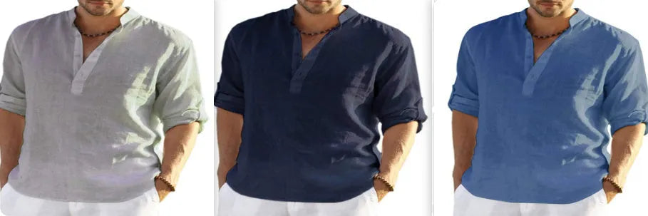 Men's solid colour cotton linen long sleeve shirt with a stand collar, shown in a fitted style.