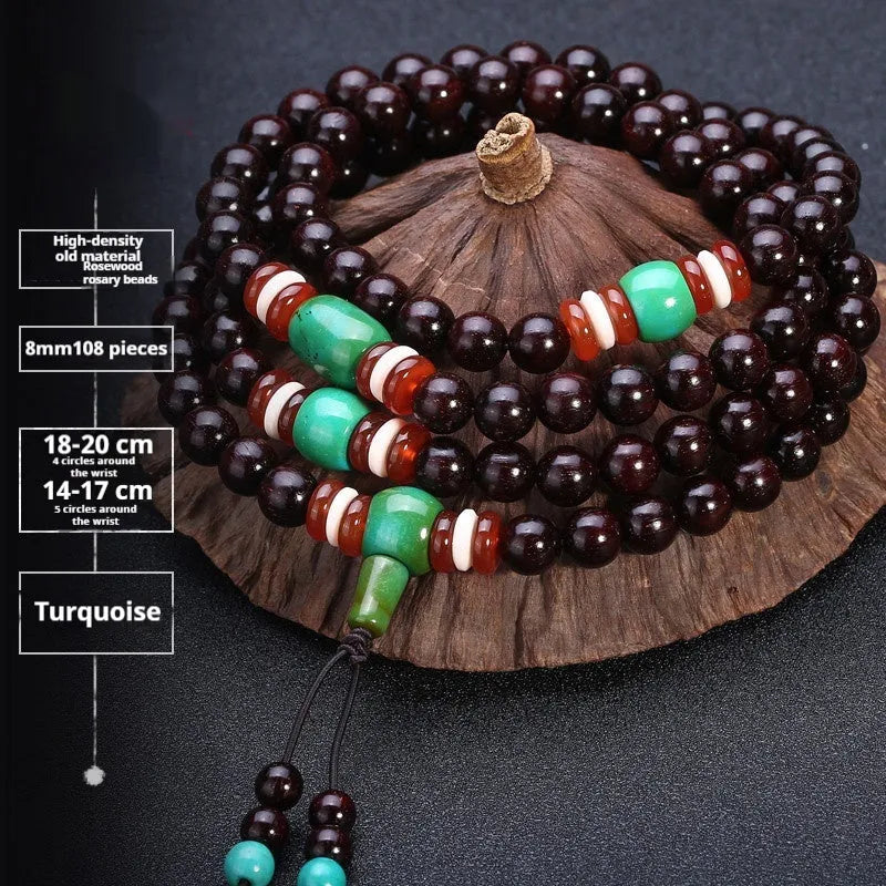 Men's rosewood bead bracelet with 108 beads, shown in a choice of lapis lazuli, turquoise, or red agate styles.