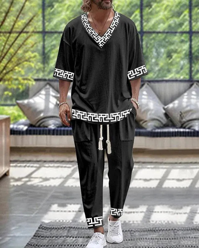 Men's cropped sleeve V-neck polyester suit in two-piece set with trousers
