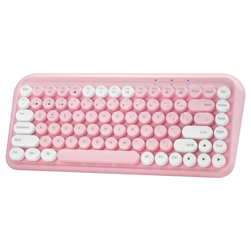 Pink wireless Bluetooth keyboard with 84 keys and compact 339mm design