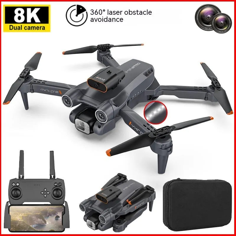 P12 Black and Orange quadcopter drones with HD cameras showing folded and unfolded positions