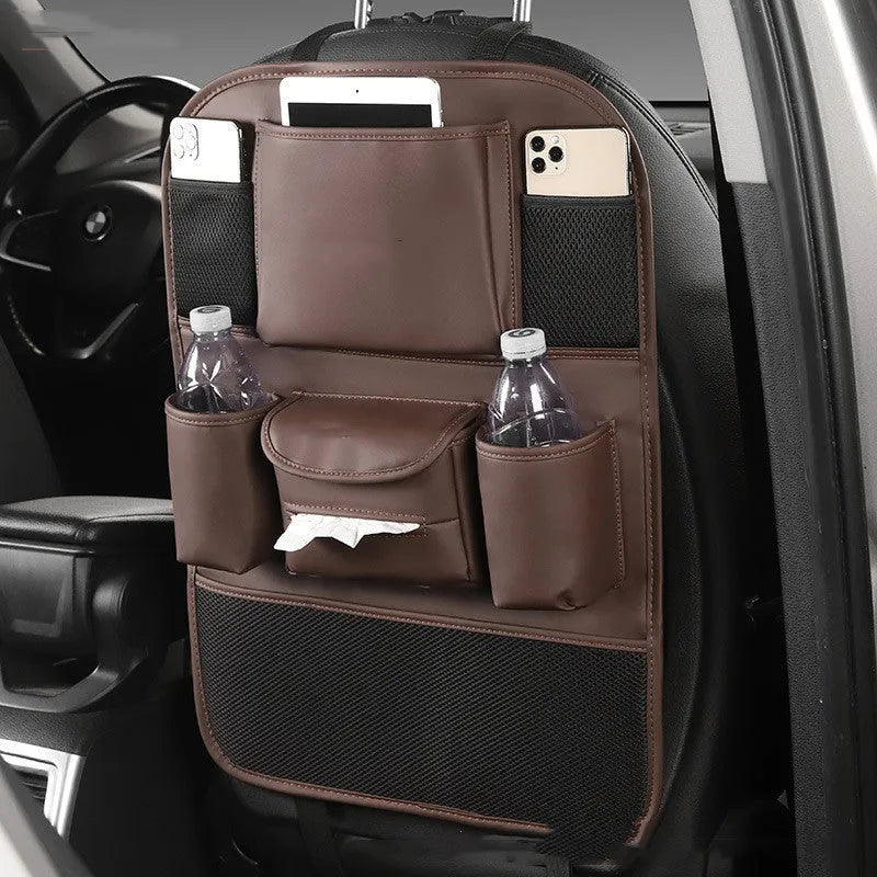 Leather car seat back storage bag in black, brown, green or grey colour hanging behind vehicle seat
