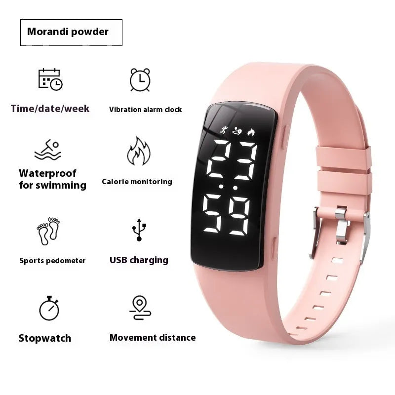 Electronic vibration alarm watch with LED display and silicone strap showing waterproof rating of 50 metres