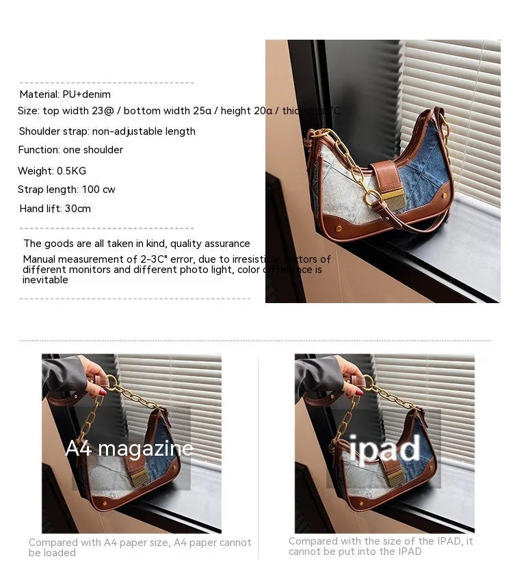 Brown denim bucket shoulder bag with diamond mesh pattern and chain decorative elements